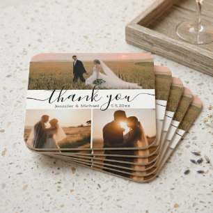 moderne Schrift 3 Foto Hochzeit Danke  Rechteckiger Pappuntersetzer