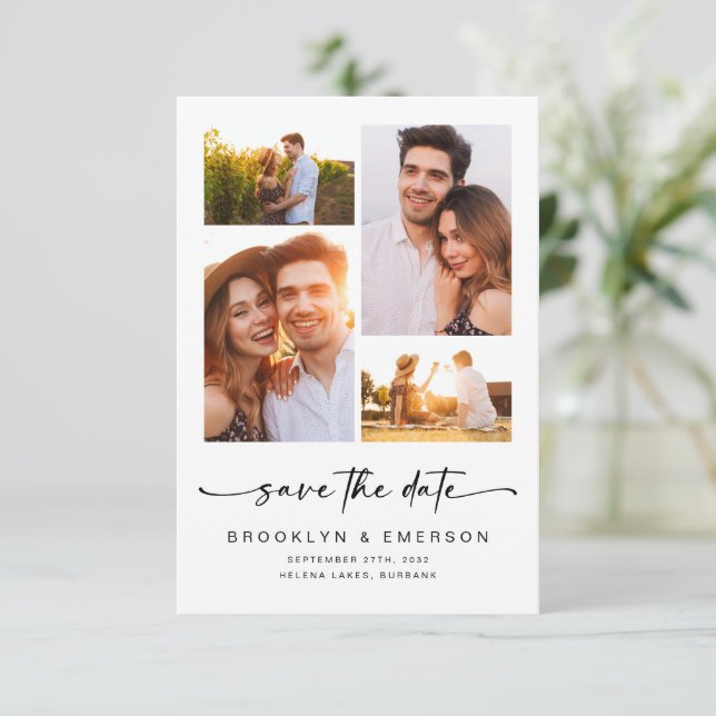 Moderne Schrift | 4 Fotos Hochzeit Save The Date (Stehend Vorderseite)