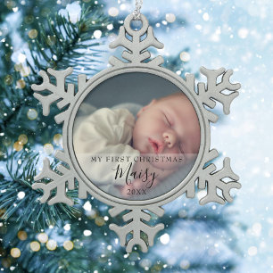 Moderne Schrift Baby-Foto Erstes Weihnachten Schneeflocken Zinn-Ornament