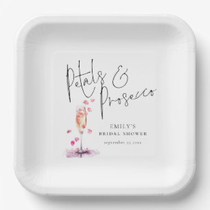 Moderne Schrift Blüten und Prosecco Brautparty Pappteller