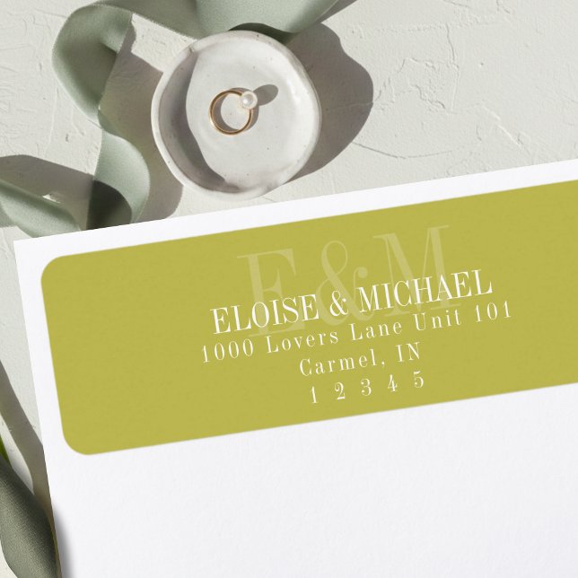 Moderne Schrift Chartreuse Citrus Monogramm Hochze (Modern Script Chartreuse Citrus Monogram Wedding Label)