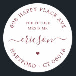 Moderne Schrift Die zukünftige Hochzeit der Rückse Runder Aufkleber<br><div class="desc">Einfache, elegante Rücksendeadressen-Aufkleber rund um Hochzeit oder Verlobung in tiefburgundigem Rot mit dem Text "The Future Mrs and Mr.", der Rücksendeadresse der Paare in einem stilvollen Serif-Schriftart, dem Familiennamen in einer modernen Kalligraphie mit Wirbel und einem kleinen Herzsymbol. Fügen Sie einfach Ihren Namen und Ihre Adresse hinzu und verwenden Sie...</div>