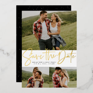 Moderne Schrift drei Fotos Gold Save-the-Date Folieneinladung