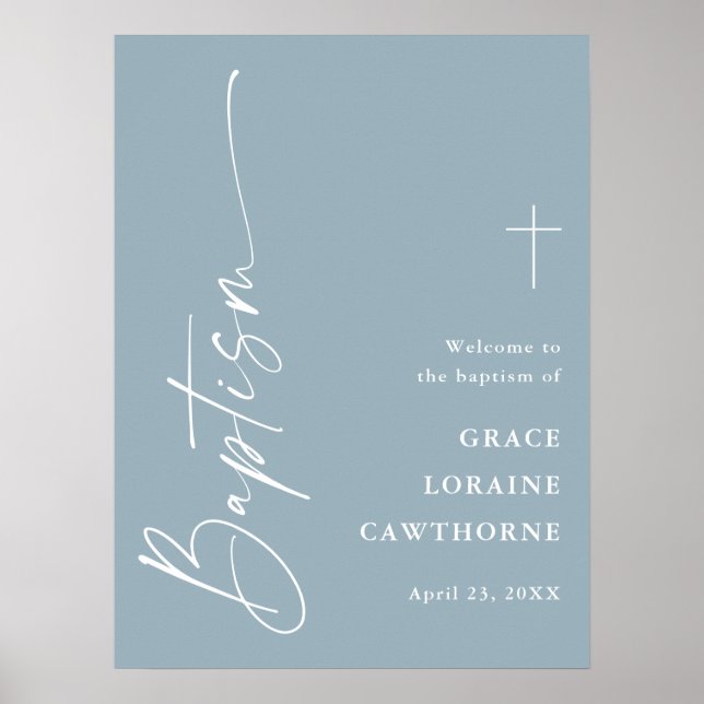 Moderne Schrift Dusty Blue Jungen Taufe Willkommen Poster (Vorne)