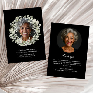 Moderne Schrift Eucalyptus 2-Foto-Trauerfeier/Ande Dankeskarte
