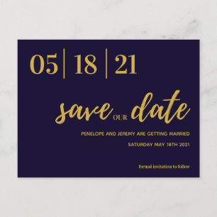 Moderne Schrift für Marine und Gold Save the Date Postkarte