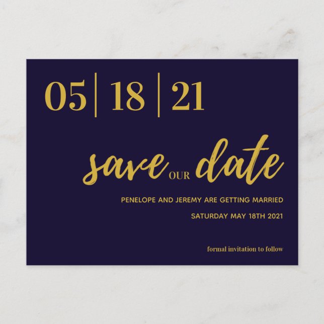 Moderne Schrift für Marine und Gold Save the Date Postkarte (Vorderseite)