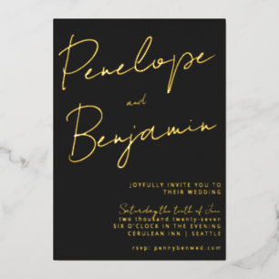 Moderne Schrift Handschrift Schwarz und Gold Hochz Folieneinladung