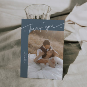 Moderne Schrift Herz Schieferblau Hochzeit Dankeskarte