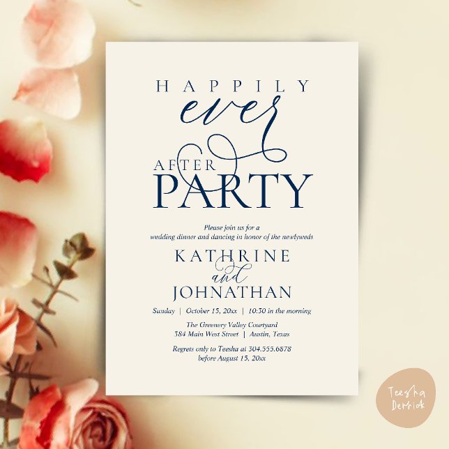 Moderne Schrift Hochzeitsfeier nach der Flitterwoc Einladung (Modern Script Happily Ever After Dinner Party Elopement Invitation Card in Navy Blue Ivory)