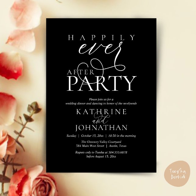 Moderne Schrift Hochzeitsfeier nach der Flitterwoc Einladung (Modern Script Happily Ever After Dinner Party Elopement Invitation Card in Black and White)