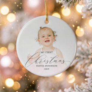 Moderne Schrift Mein erstes Weihnachtsbaby-Foto Keramik Ornament