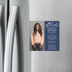 Moderne Schrift Navy Blau & Weiß 1 Foto Abschlussf Magneteinladung