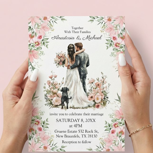 moderne Schrift rosa florale Hochzeitseinladung Mitteilungskarte (Von Creator hochgeladen)