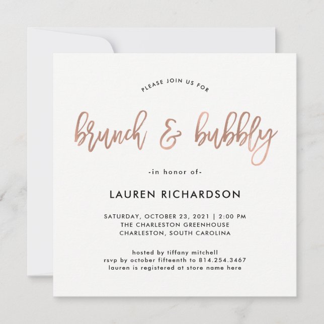 Moderne Schrift | Rose Gold Brunch und Bubbly Einladung (Vorderseite)