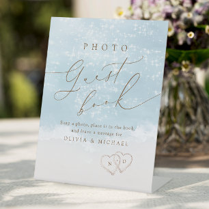 Moderne Schrift Sand Herzen Strand Foto Gästebuch Sockelschild