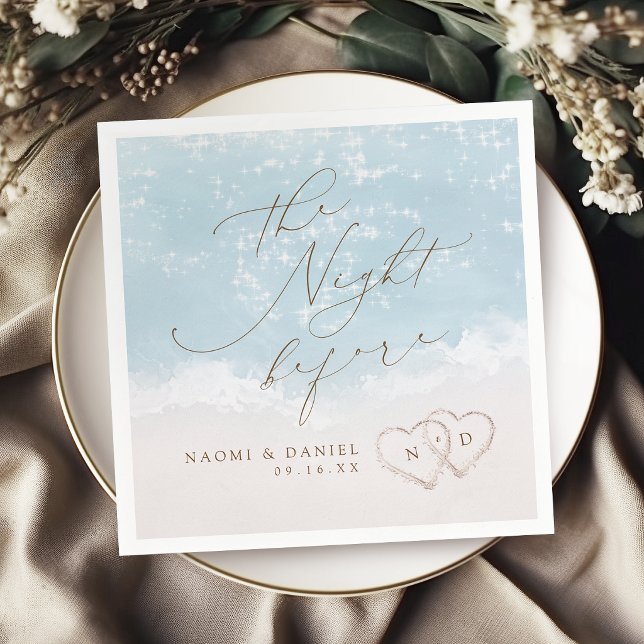 Moderne Schrift Sand Herzen Strand Probeessen Serviette (Modern Script Sand Hearts Beach Rehearsal Dinner Napkins)