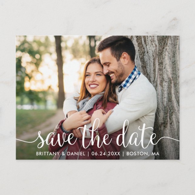 Moderne Schrift | Save the Date Foto Postkarte (Vorderseite)