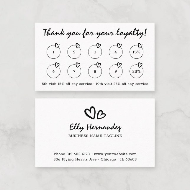 Moderne Schrift Schrift Schrift-Schrift-Herz-Logo  Treuekarte (Modern Script and Typewriter Font Mix with Hearts and Logo Black Business Loyalty Card Template.)