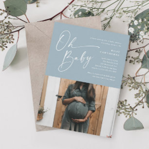 Moderne Schrift Staubblau Foto Jungen Baby Shower Einladung