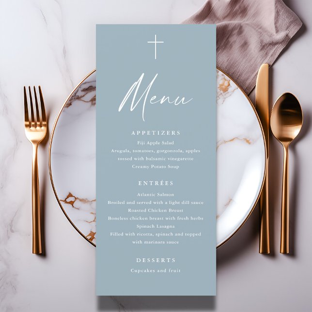 Moderne Schrift Staubblau Taufmenü Programm (Modern script dusty blue baptism menu.)