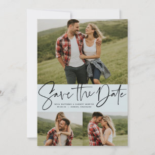Moderne Schrift trendy drei Foto hellblau Save The Date