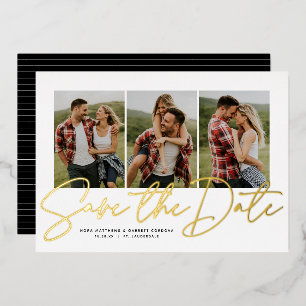Moderne Schrift trendy drei Fotos Save-the-Date Folieneinladung