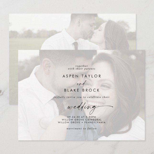 Moderne Schrift | Verblasste horizontale Foto Hoch Einladung (Vorne/Hinten)