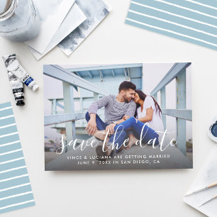 Moderne Schrift Vollfoto Hochzeit Blau Rückseite Save The Date