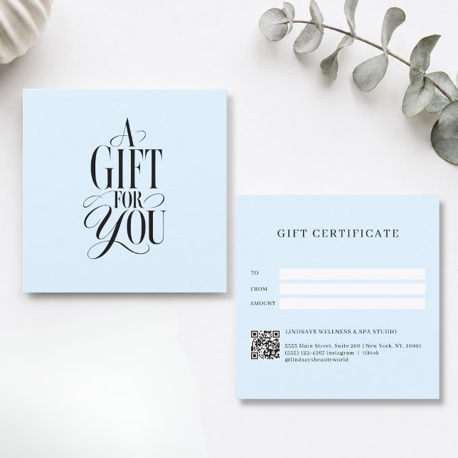 Moderne Schriftart Blau QR-Code Geschenkgutschein (Modern Script Font Blue QR Code Gift Certificate)