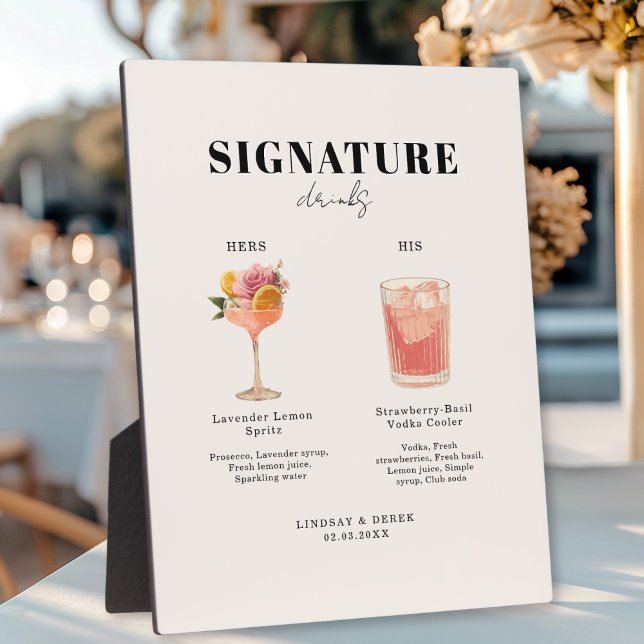 Moderne Schriftart His & Hers Drinks Hochzeit Fotoplatte (Modern Bold Font His & Hers Drinks Wedding Plaque)