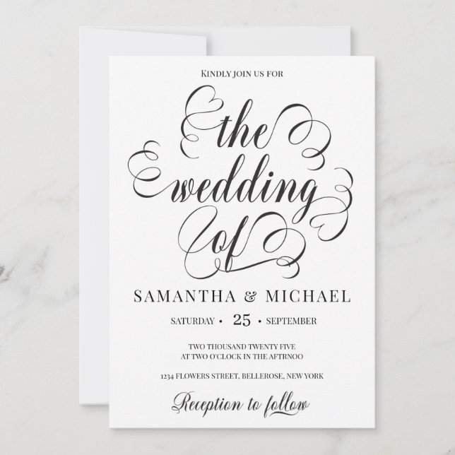 Moderne Schriftart-Hochzeit mit eleganten Kalligra Einladung (Vorderseite)