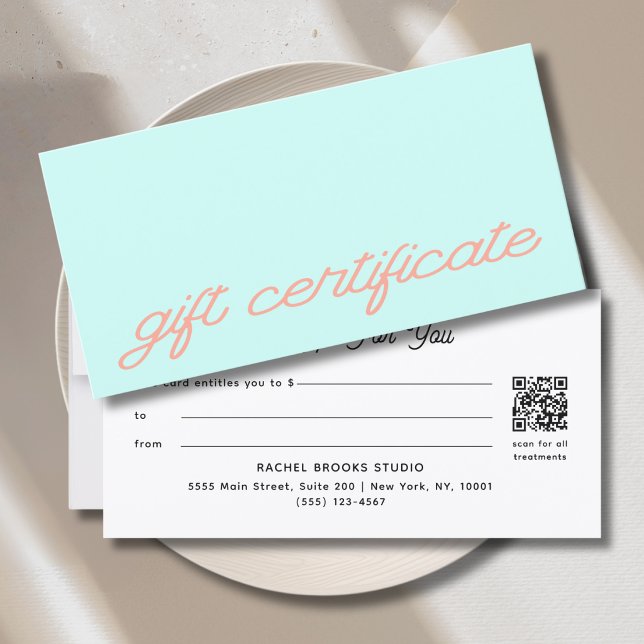 Moderne Schriftart Mint QR-Code-Geschenkgutschein (Modern Script Mint QR Code Gift Certificate)