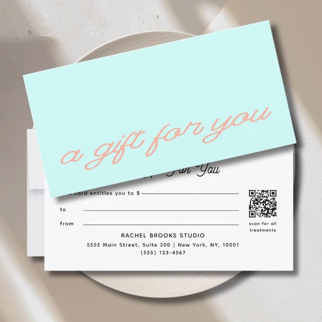 Moderne Schriftart Mint QR-Code Geschenkgutschein (Modern Script Mint QR Code Gift Certificate)