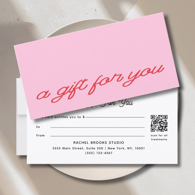 Moderne Schriftart Pink QR-Code-Geschenkgutschein (Modern Script Pink QR Code Gift Certificate)