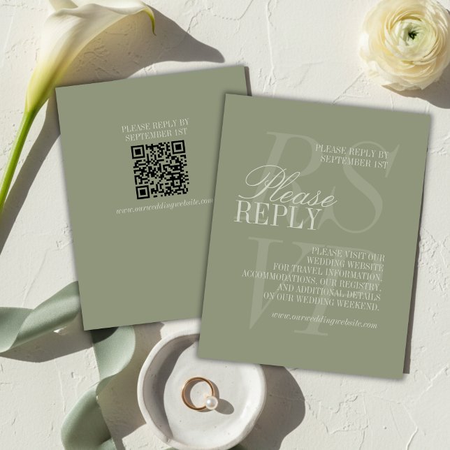 Moderne Schriftart Sage Green QR Formale Hochzeit  RSVP Karte (Modern Script Sage Green QR Formal Wedding RSVP Card)