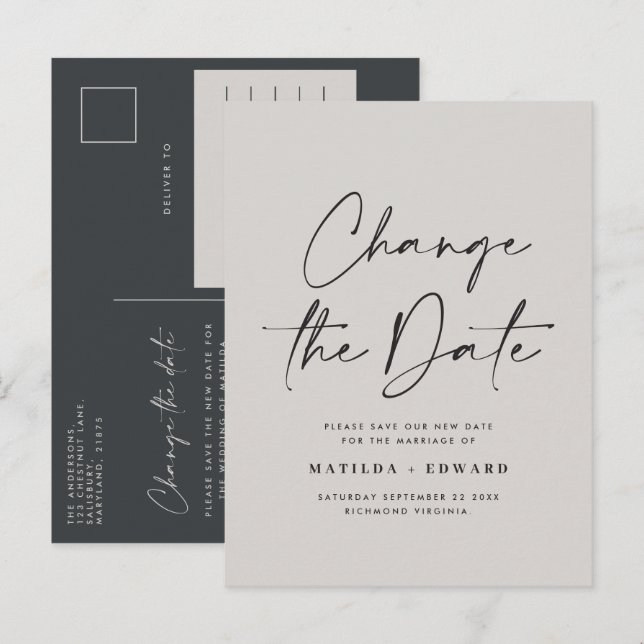 Moderne Schriftzeichen Hochzeit ändern das Datum Ankündigungspostkarte (Vorne/Hinten)