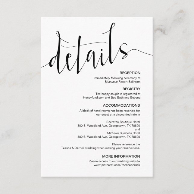 Moderne schwarz bearbeitbare Hochzeitdetails Begleitkarte (Vorderseite)