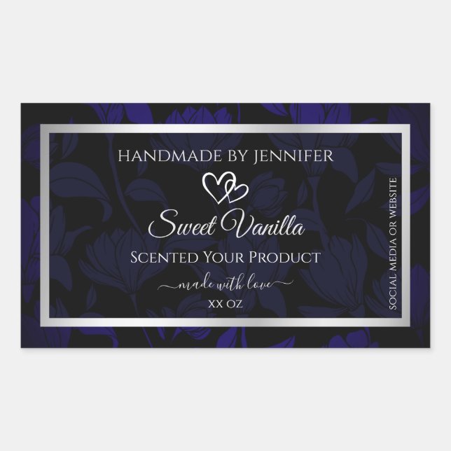 Moderne Schwarz-Blau-Flora-Produktkennzeichnungen  Rechteckiger Aufkleber (Vorderseite)