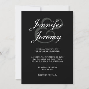 Moderne Schwarz Elegant White Gray Script Hochzeit Einladung