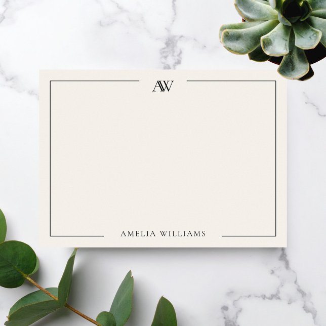 Moderne Schwarz-Elfenbeinfarben-Minimalistische El Mitteilungskarte (Modern Black and Ivory Minimalist Elegant Monogram Note Card)