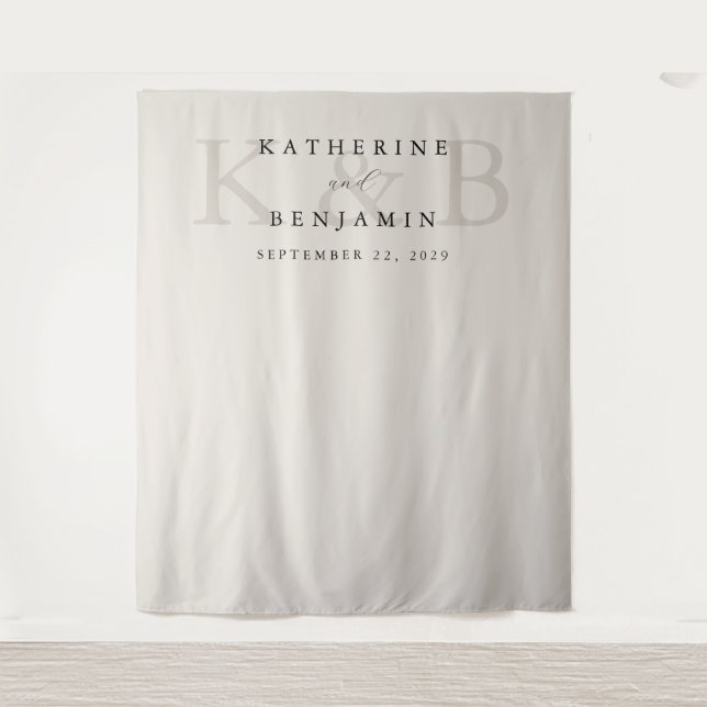 Moderne Schwarz-Elfenbeinmonogramm-Hochzeitsszenar Wandteppich (Vorderseite)