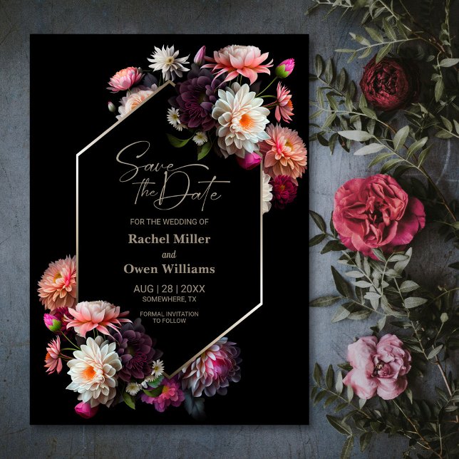 Moderne Schwarz-Flora-Hochzeit rettet das Datum Save The Date (Von Creator hochgeladen)