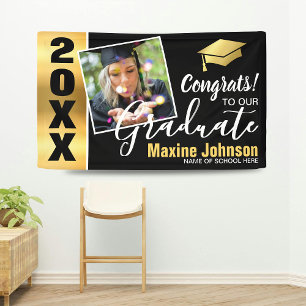 Moderne Schwarz & Gold Abschlussklasse 2026 Foto-A Banner