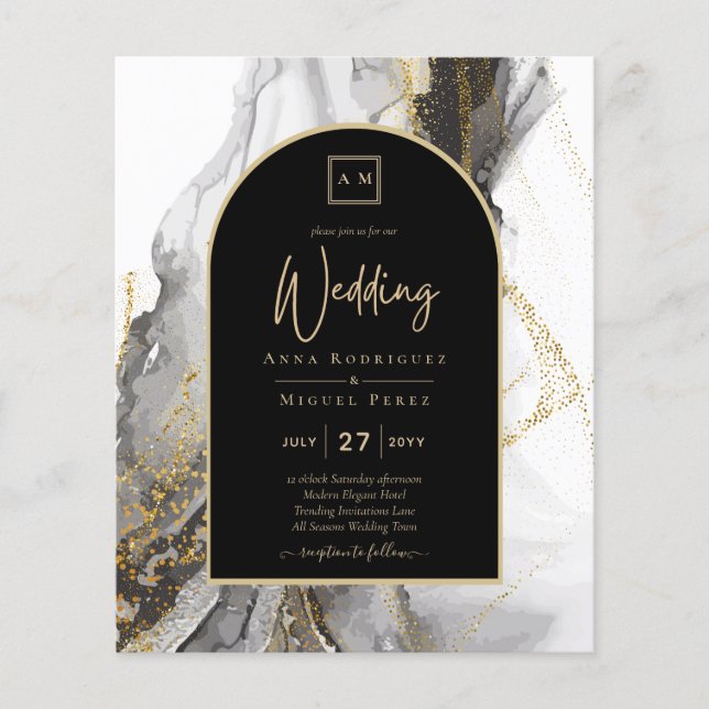 Moderne Schwarz-Gold-Agate-Marmor-Glitzer Hochzeit (Vorderseite)