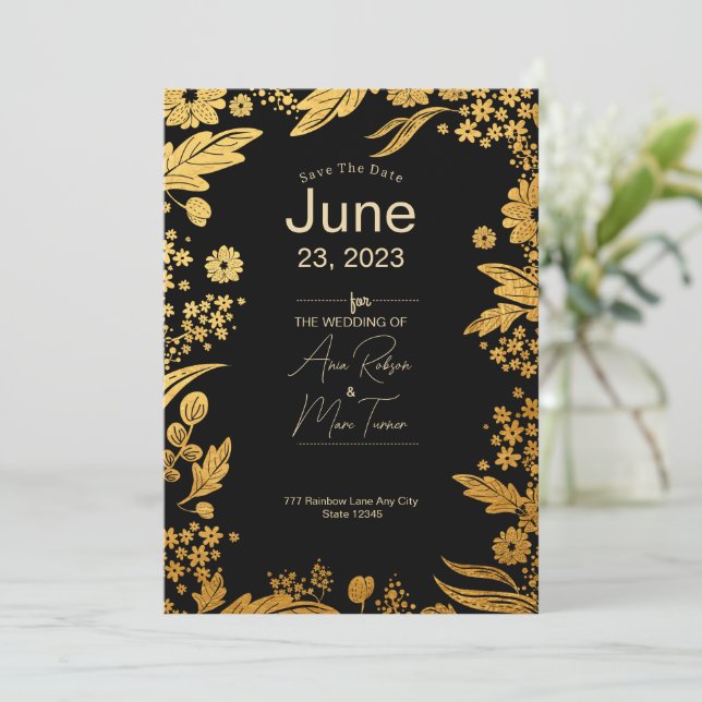 Moderne Schwarz-Gold-Blüte Save the Date (Stehend Vorderseite)