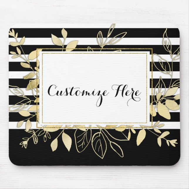 Moderne Schwarz-Gold-Botanische Blätter Glamour Ch Mousepad (Vorne)