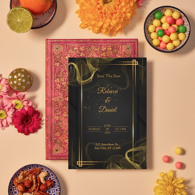 Moderne Schwarz & Gold-Elegante Hochzeit retten da Dankeskarte (Modern Black and Gold wedding Save the dates)