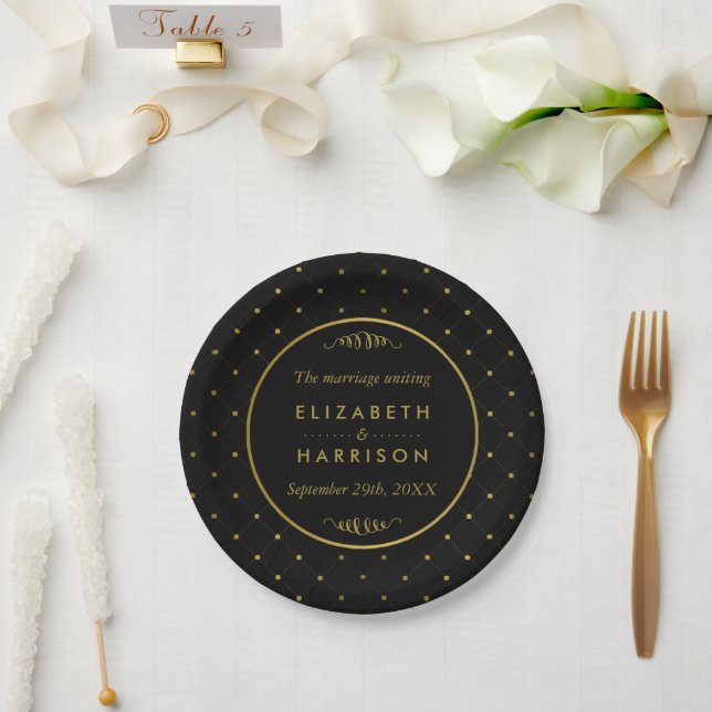 Moderne Schwarz-Gold-Foil-Effekt Hochzeit Pappteller (Hochzeit)