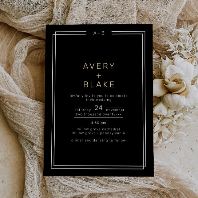 Moderne Schwarz-Gold-Foil-Hochzeitsfeier / JEDE Folieneinladung (Modern Black Gold Foil Wedding Invitation / AVERY Foil Invitation)